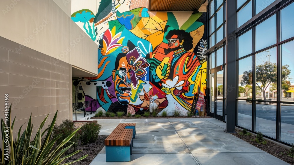 Poster an impactful image of inclusive art, showing a mural with contributions from artists of different ba