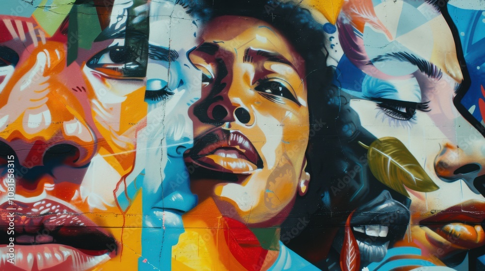 Poster an impactful image of inclusive art, showing a mural with contributions from artists of different ba