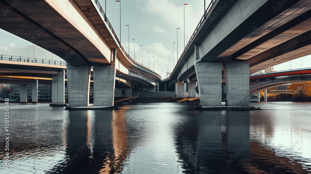 Aufkleber An impactful image of multiple bridges spanning over a river with different textures and colors, Connecting diverse lands and communities, minimalist style
