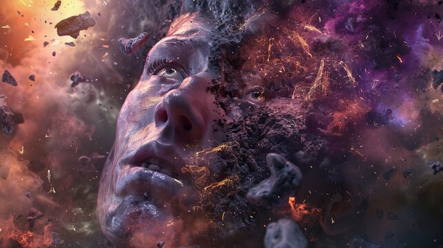 Artwork Inspired by Kierkegaard's Philosophy: Face with Determined Expression Amidst Chasms and Reaching Hands Representing the Challenge of Faith.