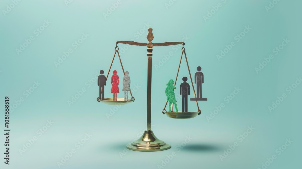 Poster An impactful image of social justice, featuring a large, balanced scale with diverse symbols of equality and fairness on each side