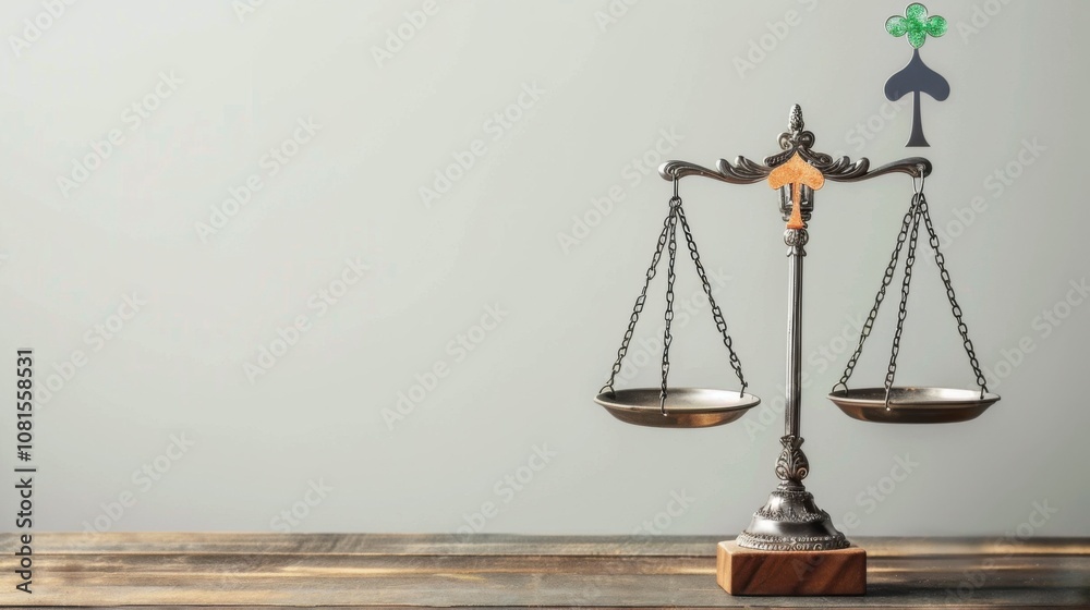 Poster An impactful image of social justice, featuring a large, balanced scale with diverse symbols of equality and fairness on each side