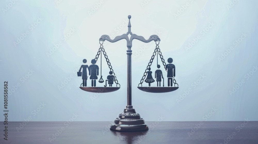 Aufkleber an impactful image of social justice, featuring a large, balanced scale with diverse symbols of equa