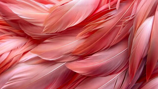High definition close-up texture of bright pink flamingo feathers arranged in a delicate, flowing pattern, showcasing intricate details and softness.