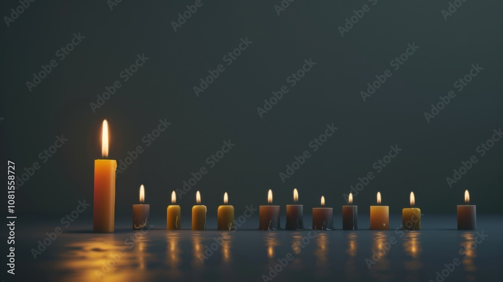 Poster an impactful portrayal of a single candle lighting up a row of unlit candles of different sizes and 