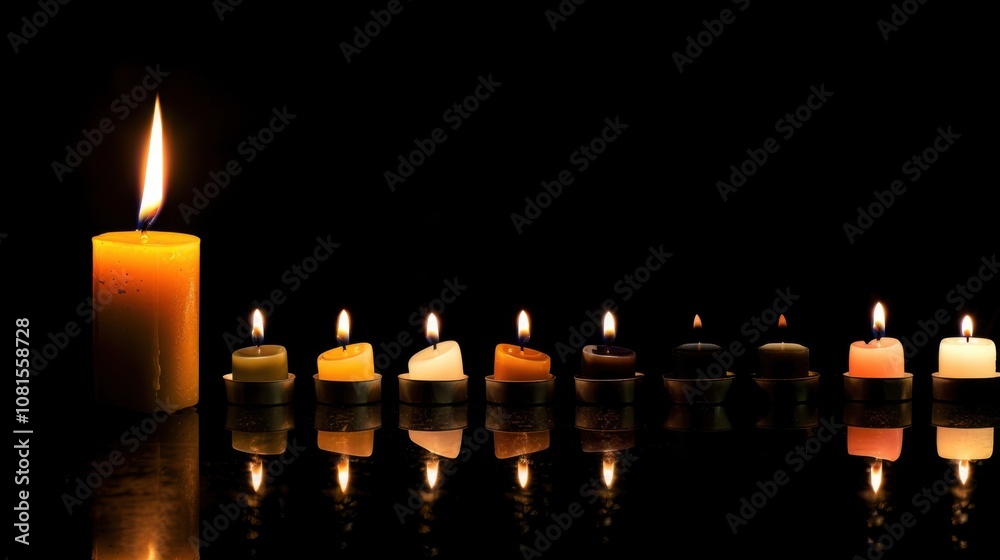 Poster an impactful portrayal of a single candle lighting up a row of unlit candles of different sizes and 