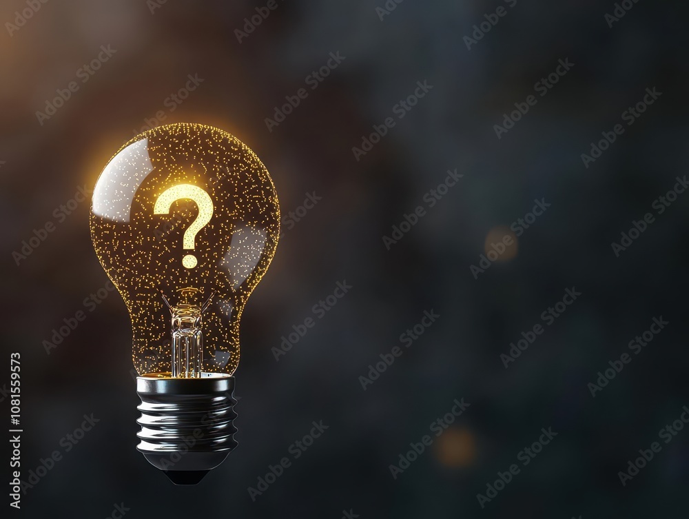 Poster Closeup of a light bulb with tiny question marks inside delicate glowing filament with dark background cinematic light golden hues around edges