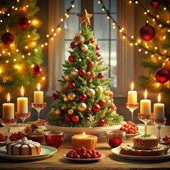 a wooden background with a christmas tree and candles