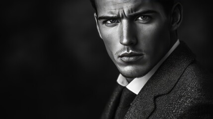 A close-up portrait of a man in a suit, looking directly at the camera with a serious expression.