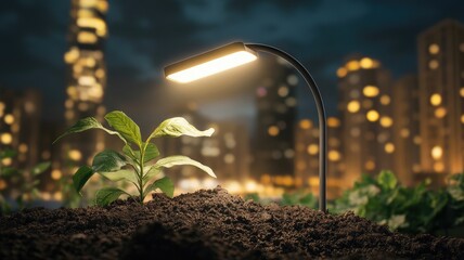 Young plant under artificial light in urban setting at night
