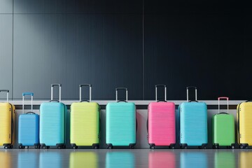 Colorful suitcases in a row, airport checkin desk, 3D illustration