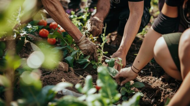 An inspiring image of a community garden with individuals from different backgrounds planting together, Representing environmental justice and shared responsibility, minimalist style