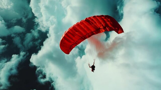 Aerial close-up of a skydiver releasing a vibrant red parachute mid-air, with the parachute billowing open against a backdrop of clouds.