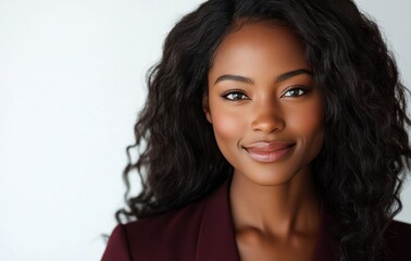 Naklejka premium A smiling african woman in a dark business attire, exuding confidence against a white backdrop.