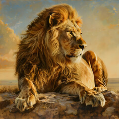 Naklejka premium Majestic Lion Resting at Sunset: Emblem of Strength, Pride, and Regality in the Vast Savannah