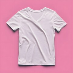 A plain white v-neck t-shirt displayed on a pink background for design or fashion purposes.