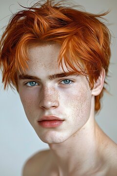 The portrait depicts a young man with striking red hair, neatly styled and framing his chiseled features