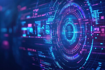 Obraz premium Detailed digital report displayed on a holographic screen, futuristic interface, blue tones, data graphs, AI elements, hightech visualization