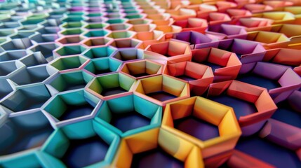 Obraz premium Colorful concentric hexagons expanding outward, symbolizing the expanding influence of inclusive practices and the integration of diverse perspectives, minimalist style