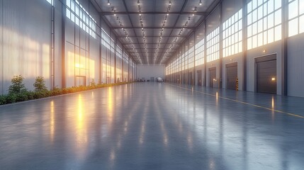 Spacious industrial warehouse with natural lighting and polished floor.