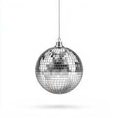 Fototapeta premium A sparkling disco ball hanging against a plain white background, reflecting light.