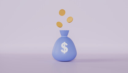 Financial investment or savings, money bag with white dollar sign and pies of gold coins concept of business