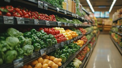 Obraz premium A well-stocked produce aisle in a grocery store with fresh vegetables and peppers.