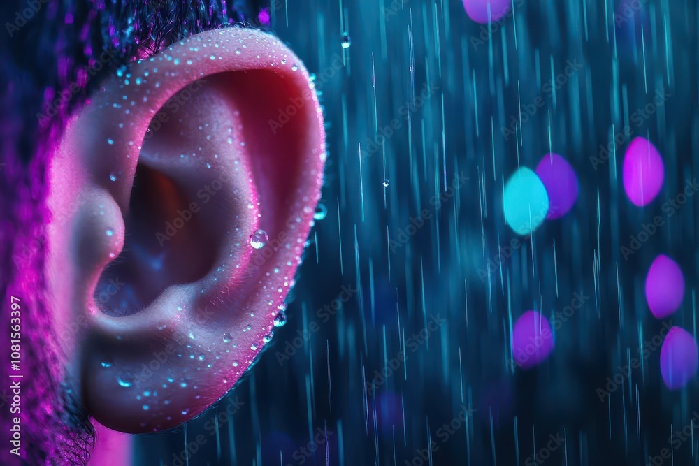 Poster ear in a tranquil rain scene soft raindrops visible gentle light mist dark ambient colors closeup