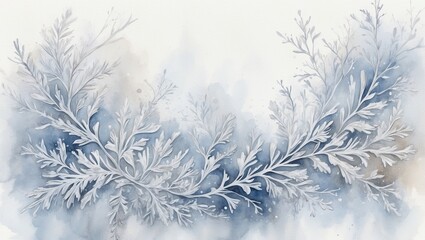 Watercolor frosty pattern of delicate branches on a soft blue background