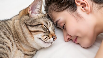 Generative AI, Intimate close-up of a cat and person gently pressing foreheads together in a serene moment against a white background