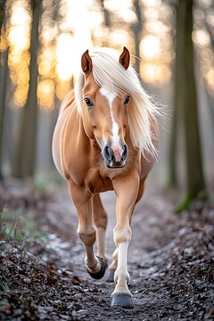 As the radiant sun peeked through the dense canopy above, a majestic chestnut horse trotted gracefully through the peaceful forest, its mane flowing in the gentle breeze