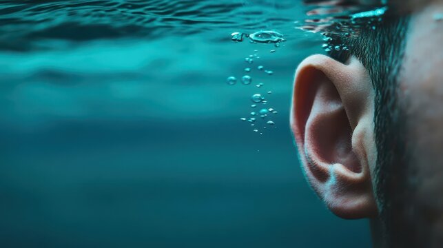 Ear submerged underwater with bubbles and muffled sound vibes bluegreen tones gentle ripples cinematic detail