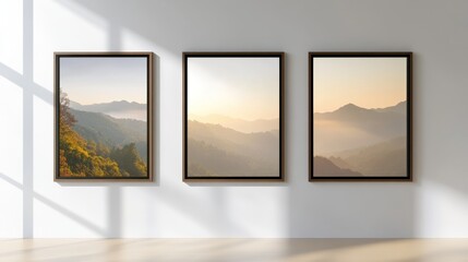 Three framed landscape photos showcasing serene mountain views.