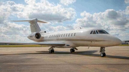 A white private jet parked on the tarmac, with a blue sky and puffy clouds in the background.