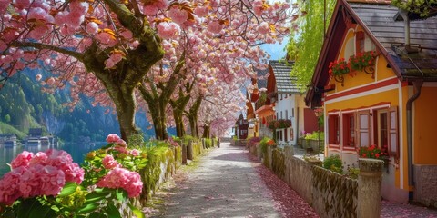 Scenic Pathway in Hallstatt with Blooming Trees and Colorful Spring Flowers