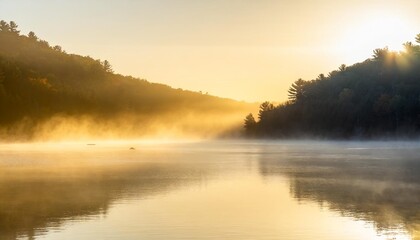 Fototapeta premium Misty Morning on a Tranquil Lake With Rolling Fog Hovering Over the Water and a Distant Forest Just Visible Through the Hazy Light of Dawn