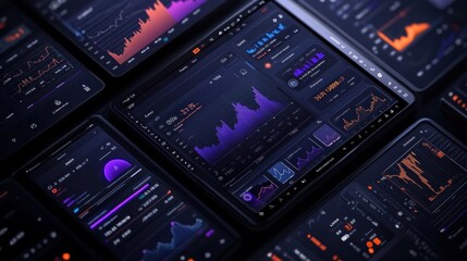 A close-up shot of multiple tablet screens displaying charts and graphs, showcasing data analysis and financial monitoring.