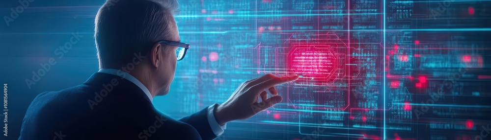 Poster executive checking data on holographic panels, glowing virtual screen, advanced technology setting