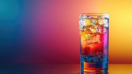 Colorful cocktail in glass with ice cubes on gradient background