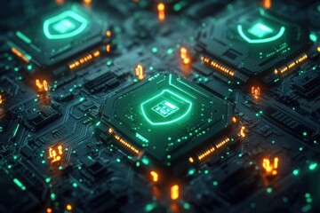 Abstract 3D rendering of a circuit board with a glowing green shield symbol on a chip.