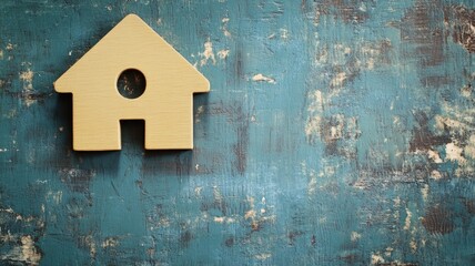 Small wooden house model against distressed teal wall background