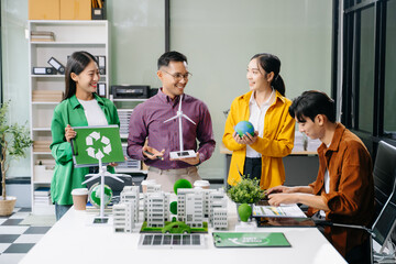 Business team people planning hand using laptop for working technology and business Net zero and carbon neutral concept