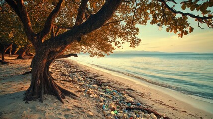Fototapeta premium A serene beach scene with a tree, showcasing environmental pollution along the shoreline.