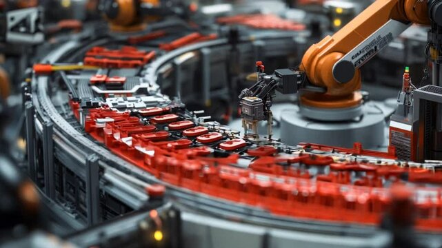 A panoramic view of a car battery factory, with assembly line machinery and robotic arms in the top section working on battery components