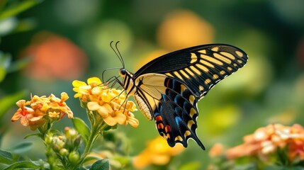 Fototapeta premium A black and yellow butterfly with blue and red markings on its wings, feeding on a yellow flower with red and orange blooms behind it.