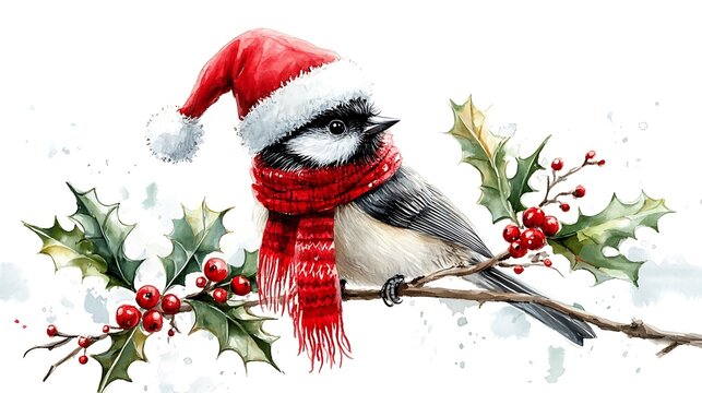 Cute chickadee bird in a festive Santa hat and scarf, perched on a branch with holly leaves, watercolor illustration, minimal white background, soft brush strokes, intricate feather details,