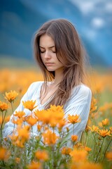 Naklejka premium The woman stood alone in the vast field, her shoulders hunched and her eyes downcast as the weight of her depression enveloped her