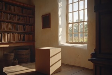 A serene interior with a wooden box, bookshelves, and sunlight filtering through a window.