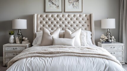 Luxury bedroom with a large tufted headboard, silk bedding, and marble nightstands 
