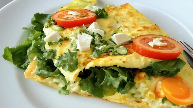 tomatoes broccoli feta cheese fresh green leaves arugula spinach perfect food related stock footage omelet breakfast egg protein plate cookery homemade cooking tasty diet closeup morning snack menu